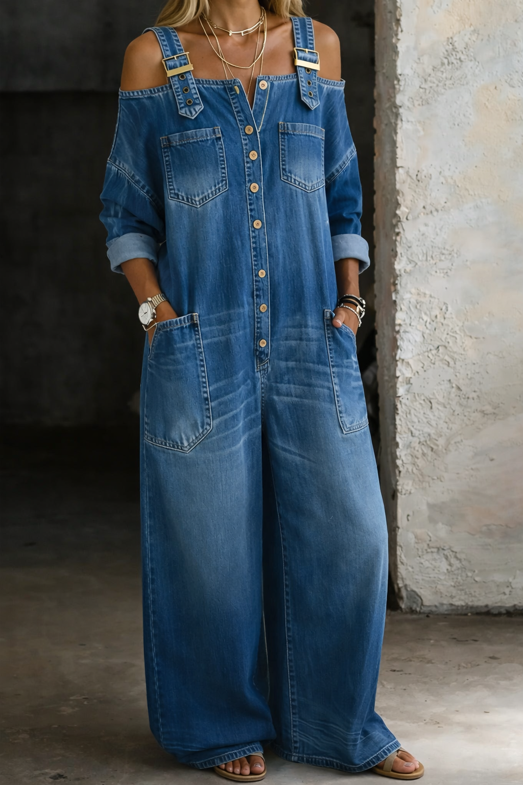 Adriana - Mono denim con escote Bardot y acabado estilizado.